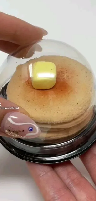 Mini pancake stack with butter under a clear dome.