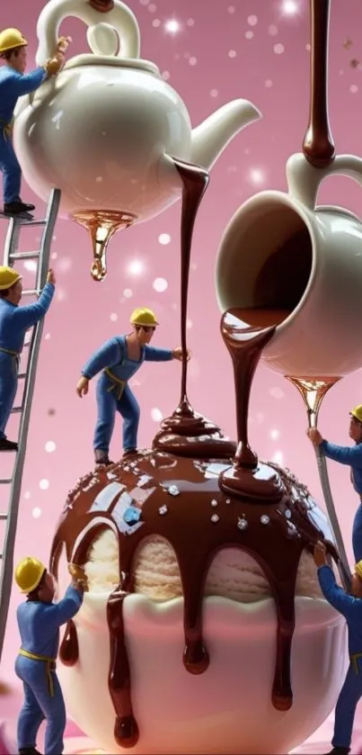 Miniature workers pouring chocolate in a whimsical dessert scene.