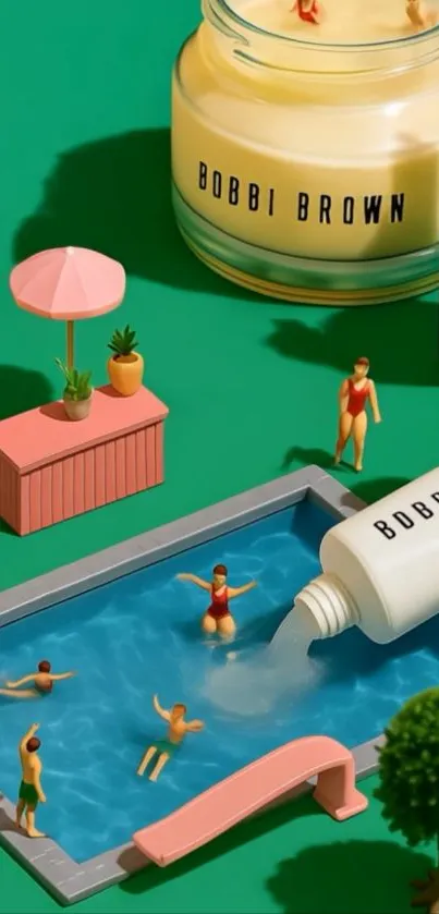 Miniature figures in a poolside scene with beauty products.