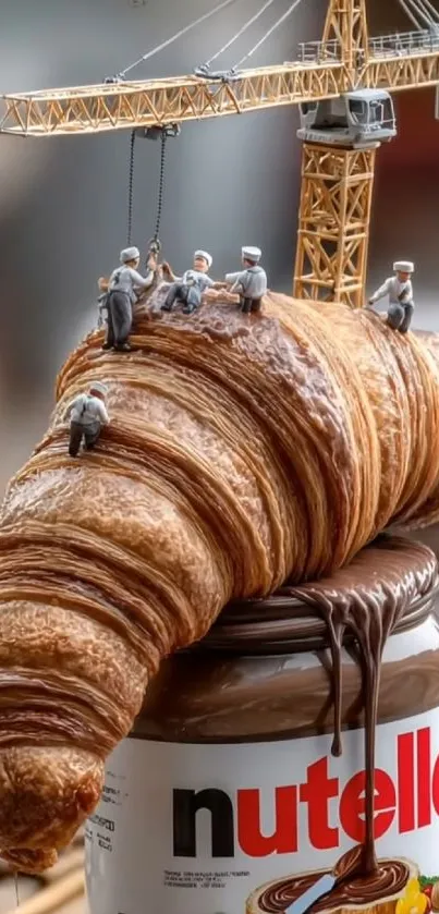 Miniature workers on a croissant with Nutella jar.