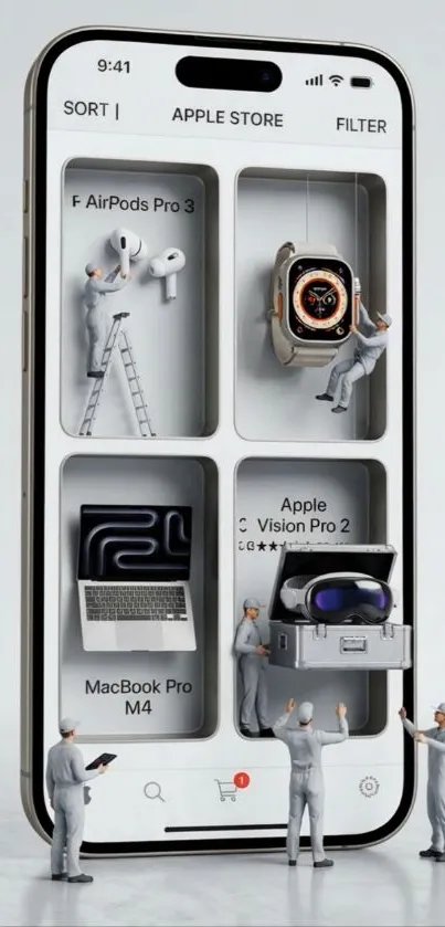 Miniature figures working on an iPhone screen with tech products.