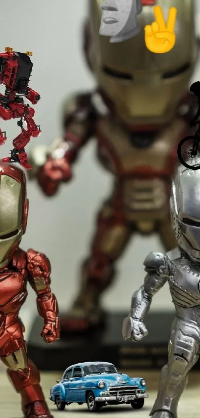 Red and silver miniature armored figures lined up.