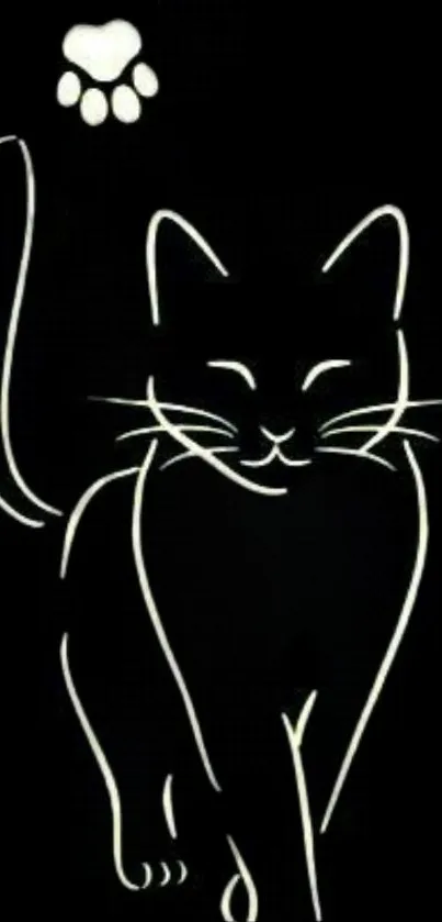 Minimalistic cat outline with paw print on black background.