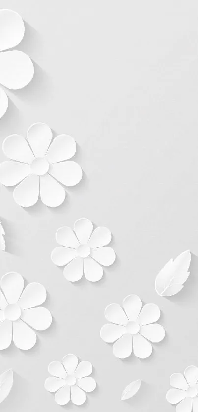 Minimal white floral wallpaper with paper-cut flowers.