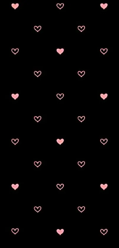 Minimal black phone wallpaper with pink heart pattern.