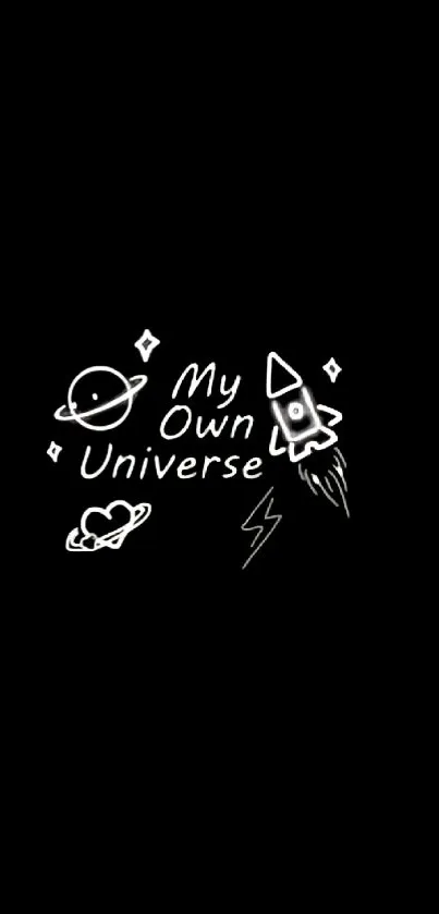 Minimalist wallpaper with space doodles on black background.