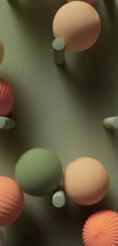 Abstract spheres in pastel tones on olive green background.