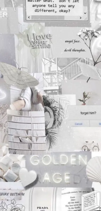 Minimalist grayscale collage with inspirational quotes and nature elements.