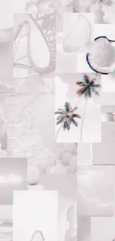 Monochrome collage wallpaper with tropical palms and minimalist art.