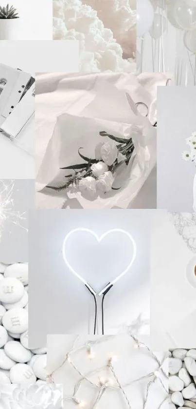 Minimalist aesthetic collage with white theme and serene elements.