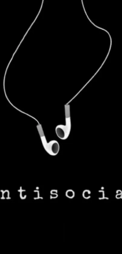 Minimalist antisocial theme with white earphones on a black background.