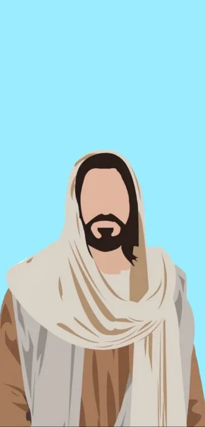 Minimalist Jesus art on a sky blue background.