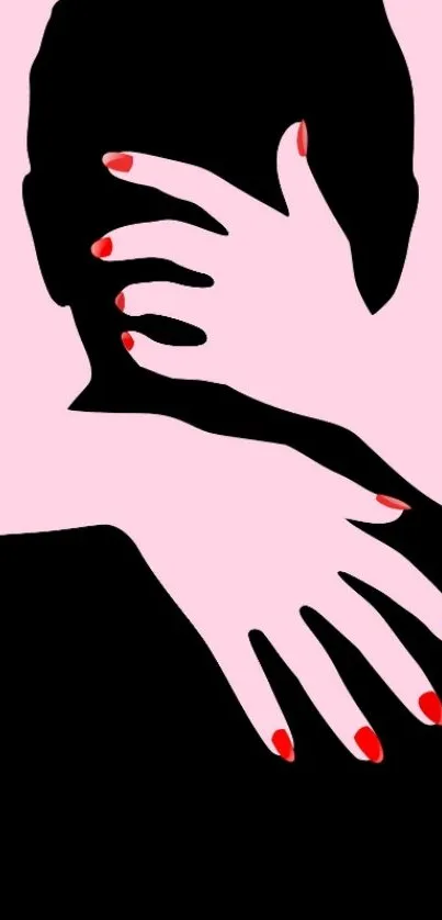 Silhouette with hands on pink background and red nails.