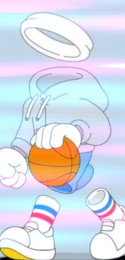 Minimalist cartoon character dribbling a basketball on light blue background.