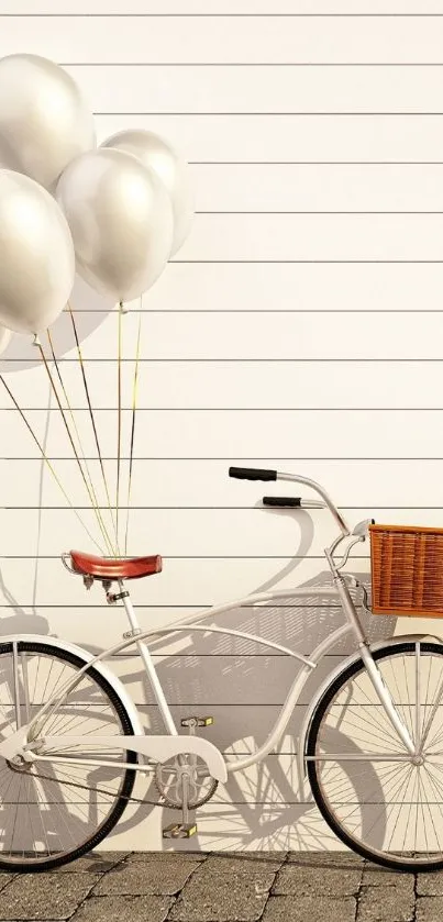 Minimalist bicycle with white balloons on a lined background.