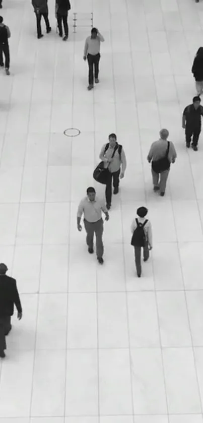 Minimalist black and white wallpaper with people walking on a tiled floor.