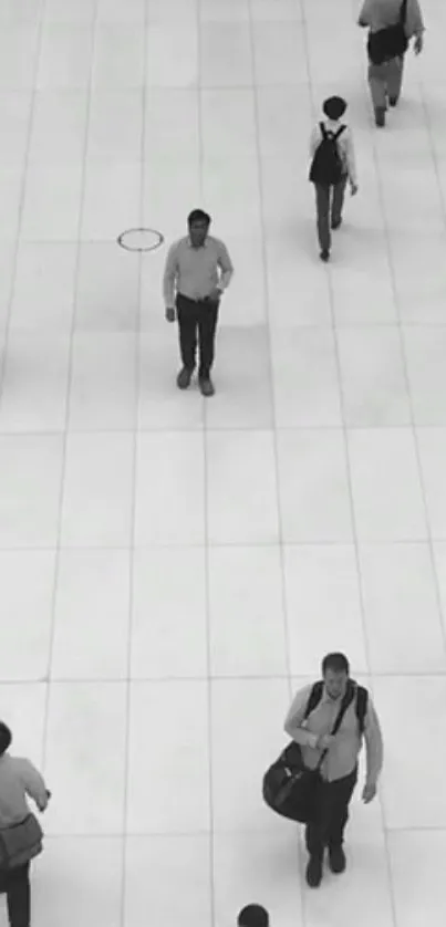 Minimalist black and white wallpaper with people on a tiled floor.