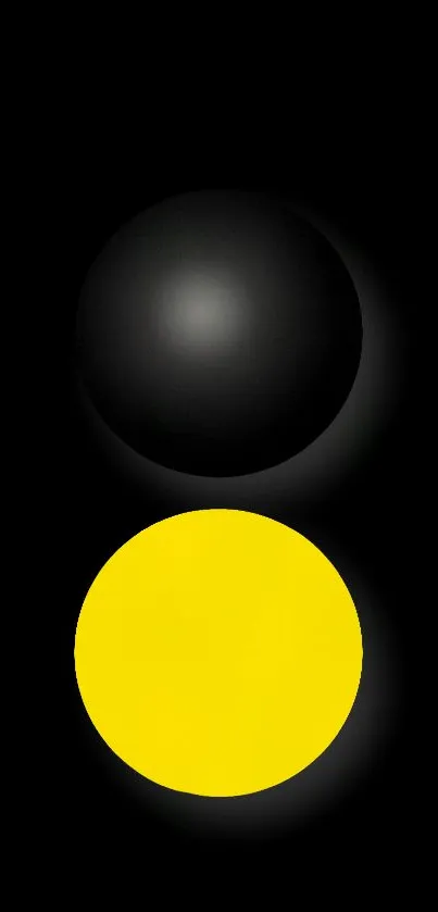 Minimalist wallpaper with black and yellow spheres on a dark background.