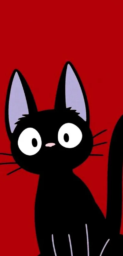 Minimalist black cat art on a bold red background.