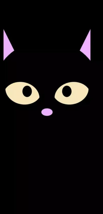 Minimalist black cat wallpaper with large eyes on a dark background.