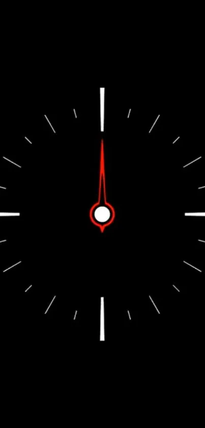 Minimalist black clock with red hand on a dark background.