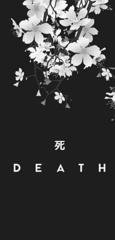 Black and white minimalist wallpaper with white blossoms and 'death' text.