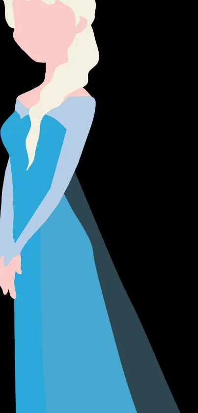 Minimalist silhouette of a character in a blue dress on a black background.