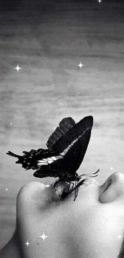 Black and white wallpaper with butterfly on face.