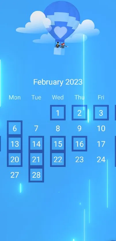 Blue hot air balloon calendar wallpaper for February 2023.