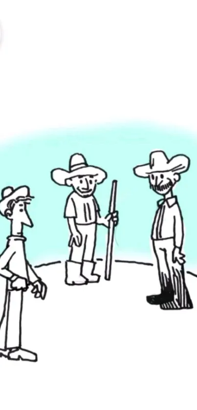 Minimalist cartoon depicting three cowboys standing and conversing.