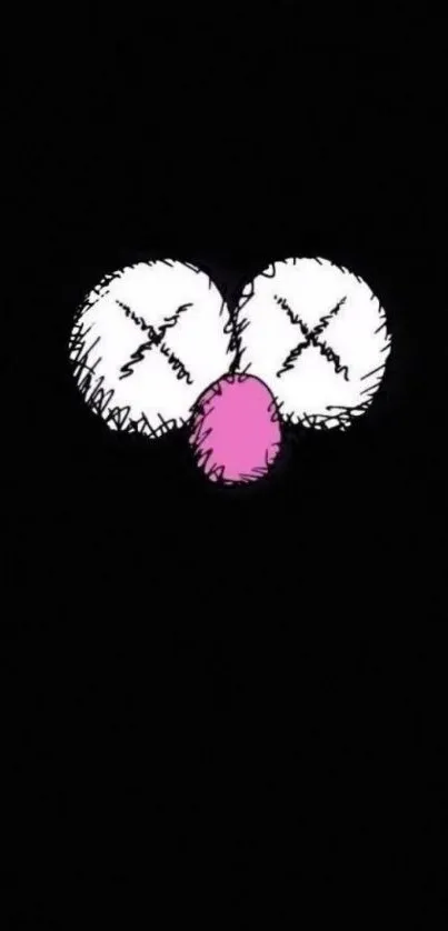 Minimalist cartoon face on black background with white and pink highlights.