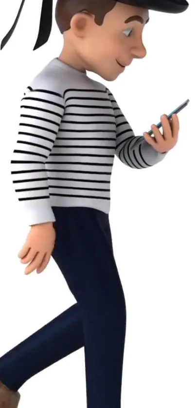 Cartoon character in striped shirt holding a phone, minimalist design.