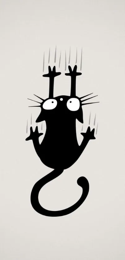 Minimalist wallpaper with a black cat climbing on a light grey background.