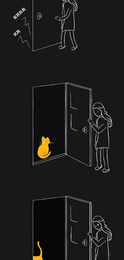 Minimalist wallpaper with a yellow cat behind a door on a black background.