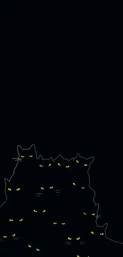 Black wallpaper with yellow-eyed outlined cats.