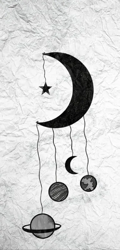 Minimalist black and white celestial wallpaper featuring the moon and planets.