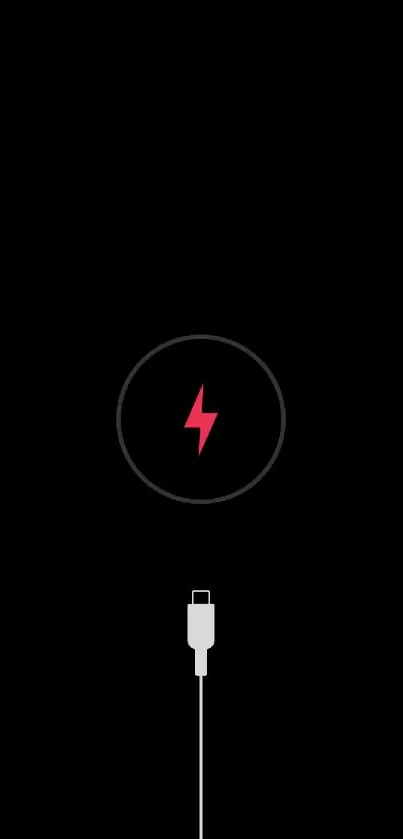 Minimalist mobile wallpaper with red charging symbol on black background.