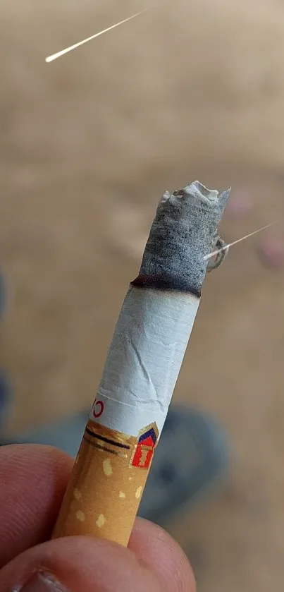 Close-up of a cigarette with a blurred earthy background.