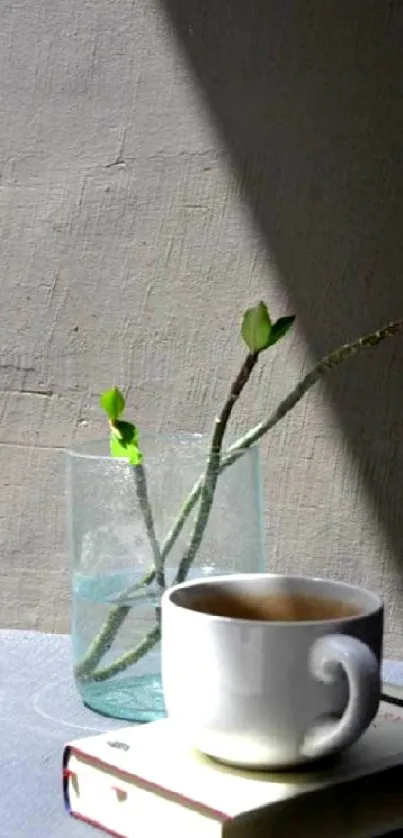 Minimalist wallpaper with coffee, book, and plant in natural light.