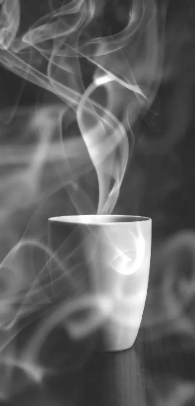 Minimalist black and white coffee cup wallpaper with steam rising.