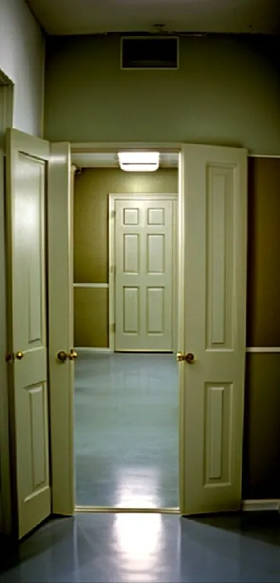 Minimalist corridor with open doors and blue-gray floor.