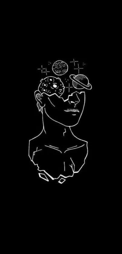 Minimalist cosmic head art with planets and stars line drawing on black background.