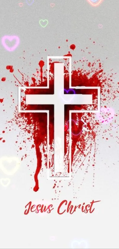 Minimalist cross with red splatter on mobile wallpaper.