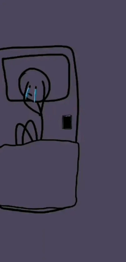 Crying stick figure in bed on a dark, minimalist background.