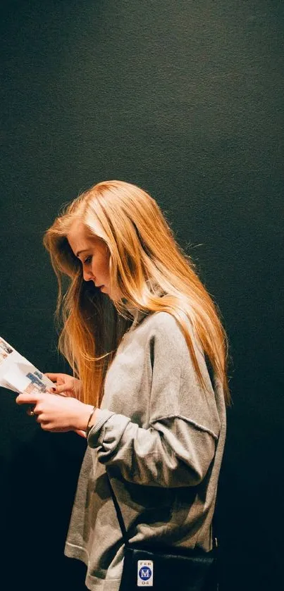 Minimalist dark aesthetic wallpaper with a person reading in soft lighting.