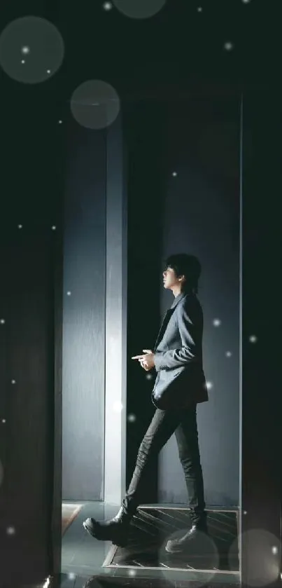 Minimalist dark corridor with person in elegant lighting.