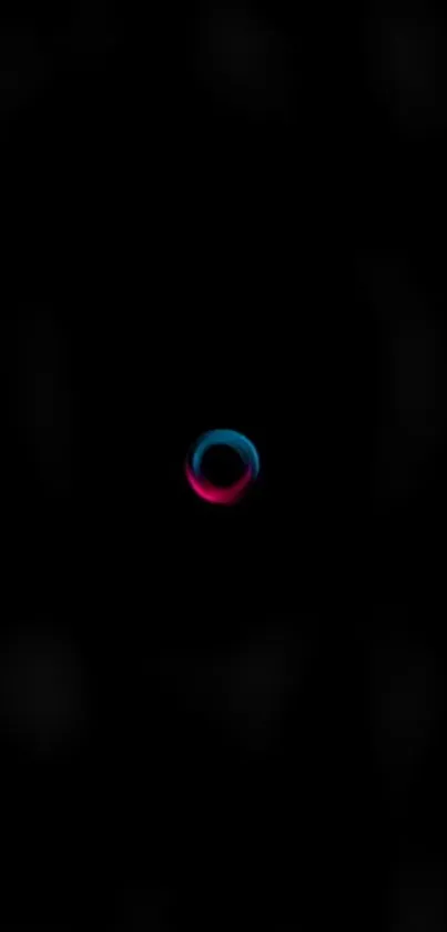 Minimalist black wallpaper with blue and pink loop design on mobile phone.