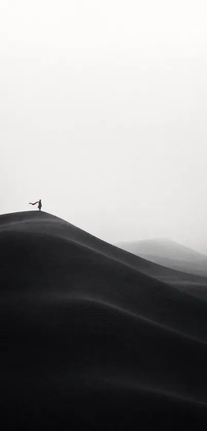 Minimalist black and white desert scene with lone figure.