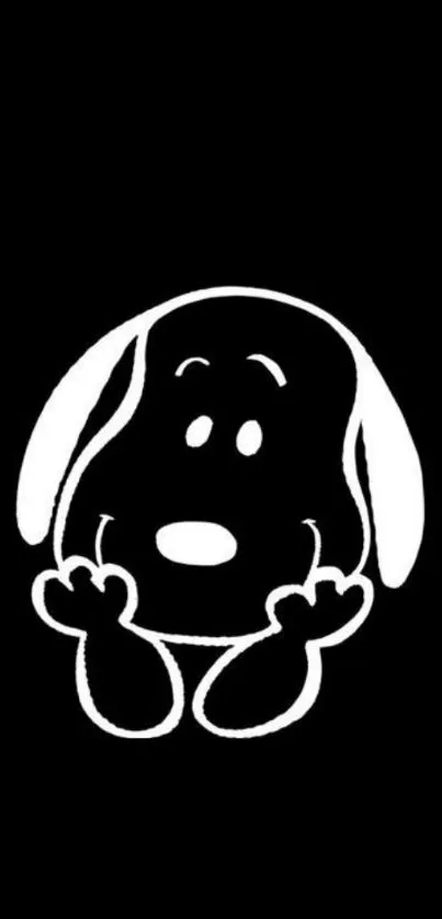 Minimalist black and white cartoon dog wallpaper on black background.