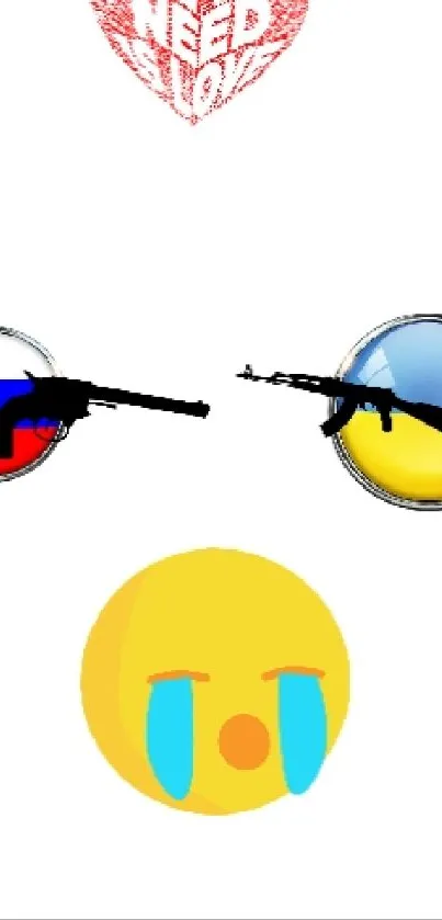Phone displaying a minimalist wallpaper with crying emoji and glasses design.